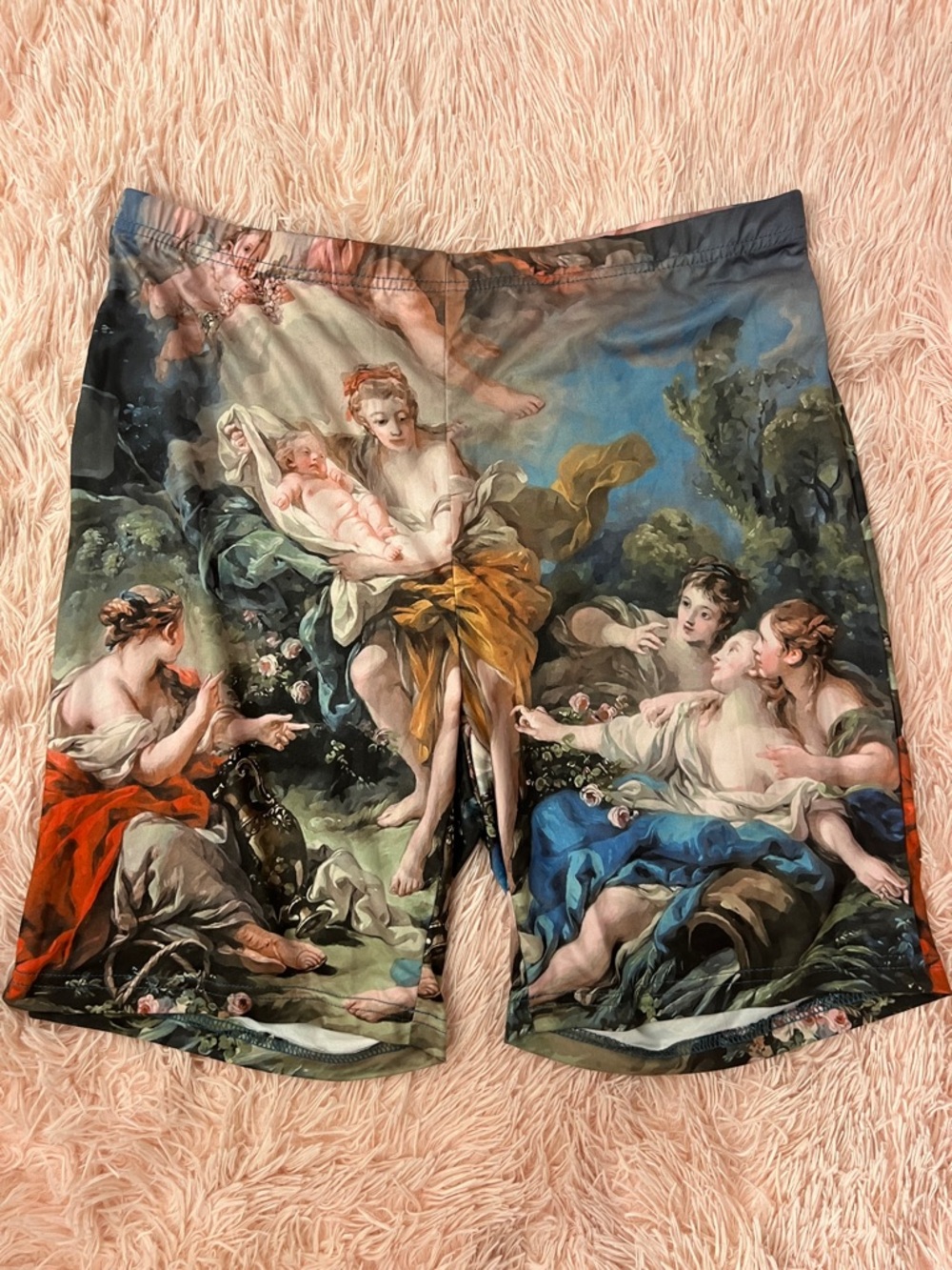 Baroque-Style Printed Cycling Shorts with Multicolor Scenic Art